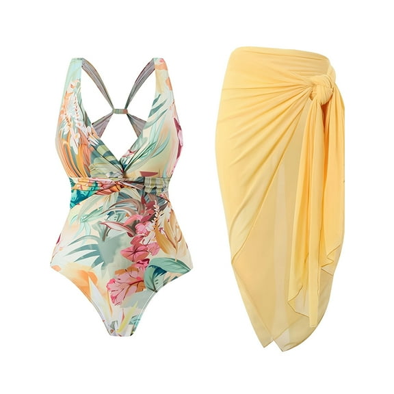 Summer Swimsuits for Women Bathing Suit with Wrap Skirts Floral Print Swimsuit Tummy Control One-Pieces Sets Yellow XL