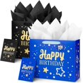 thumbnail image 1 of Happy Birthday Gift Bags with 4 Tissue Wrapping Paper 2 Greeting Card, 2 Pcs Gift Bags Medium with Handles for Children Women Men, Paper Party Bag for Jewelry Small Box Present (Black + Blue), 1 of 8