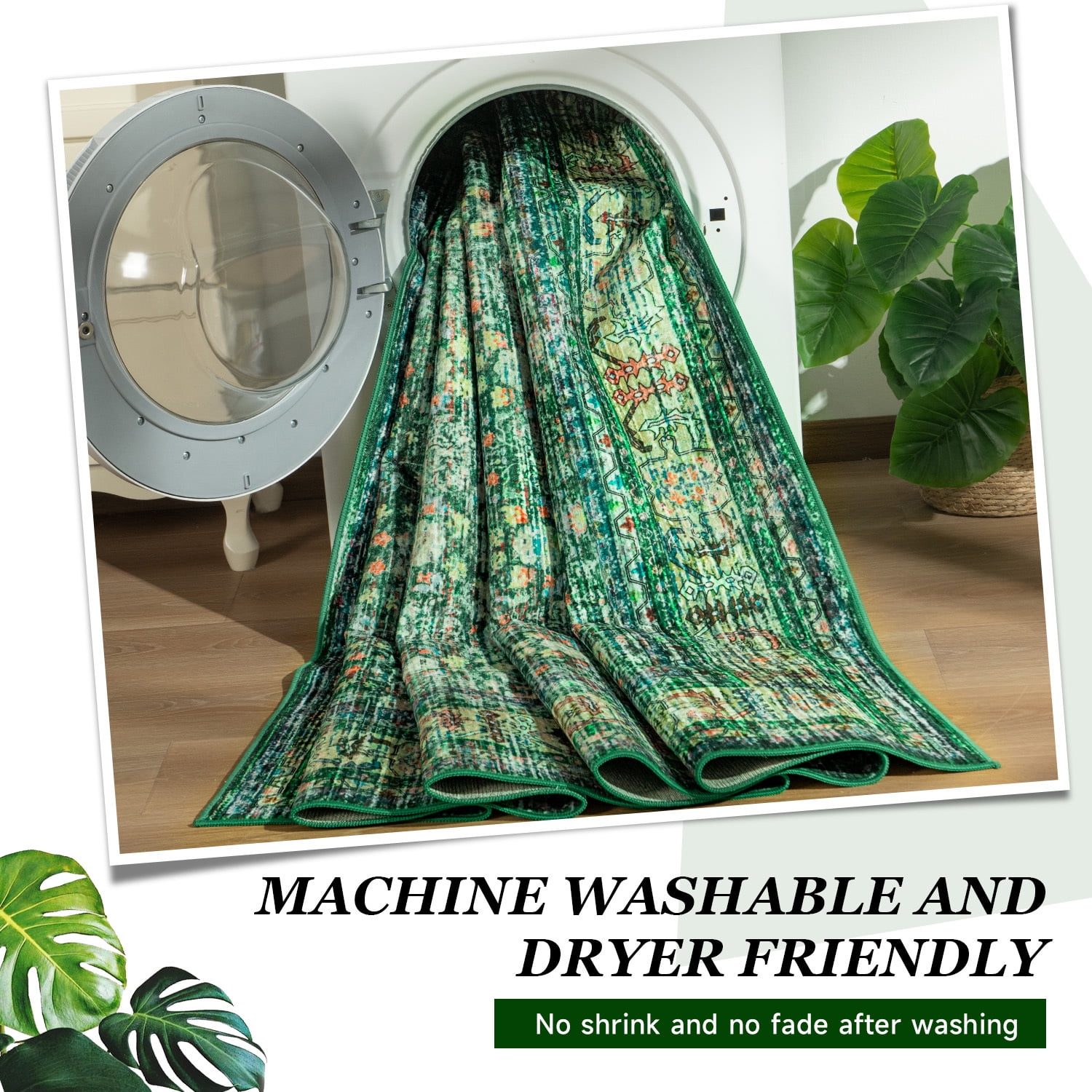 Wondo Floral Washable Rugs, 4x6 Area Rug for Living Room, Soft Large Boho Bedroom Rug, Botanical Non Slip Ultra Thin Floor Carpet for Dining Room Nursery Office, Green