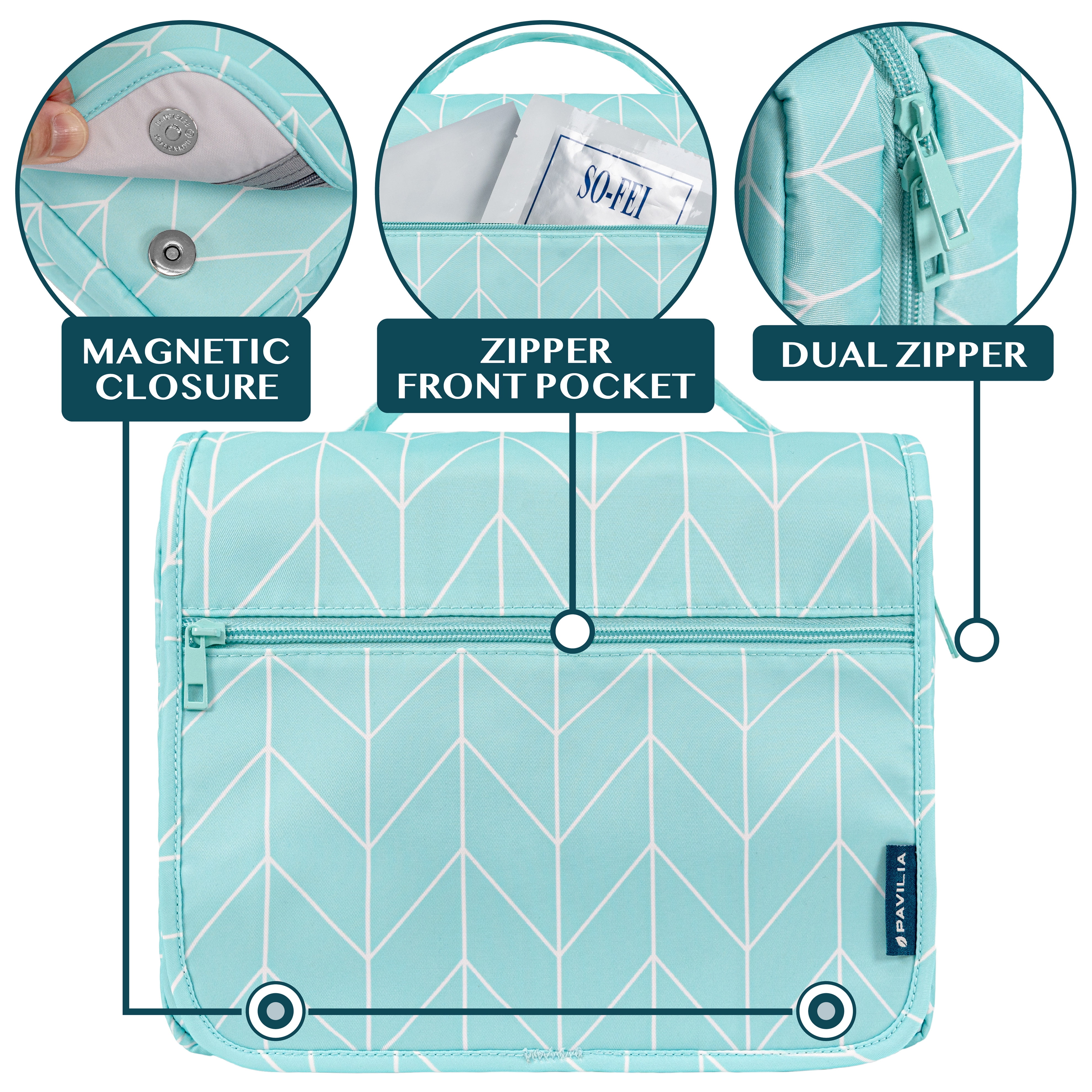 PAVILIA Hanging Toiletry Bag Women Men, Foldable Cosmetic Organizer Travel Bag, Water Resistant Makeup Bag Toiletries, Large Travel Essentials Kit (Teal Chevron)