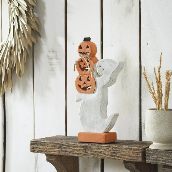 VHC Brands Stacked Jack-O-Lantern Wooden Ghost, Fall and Halloween Home Decor for Tables and Shelves, Indoor Decorations for Tabletop Whitewash, Pumpkin Orange, Black, 6x11