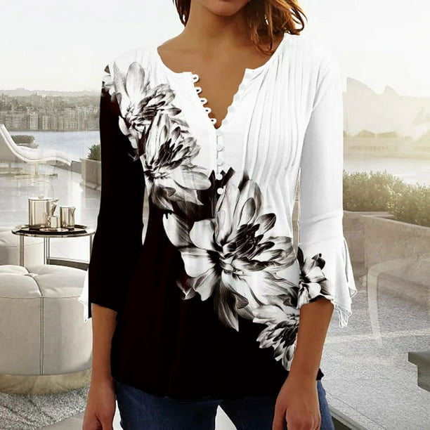 Summer Plus Size Tops Women Casual Women's Summer Sexy Fold Printed Regular Women  3/4 Sleeves V Neck Button Tops Blouse V Neck Tshirt Women on Clearance 