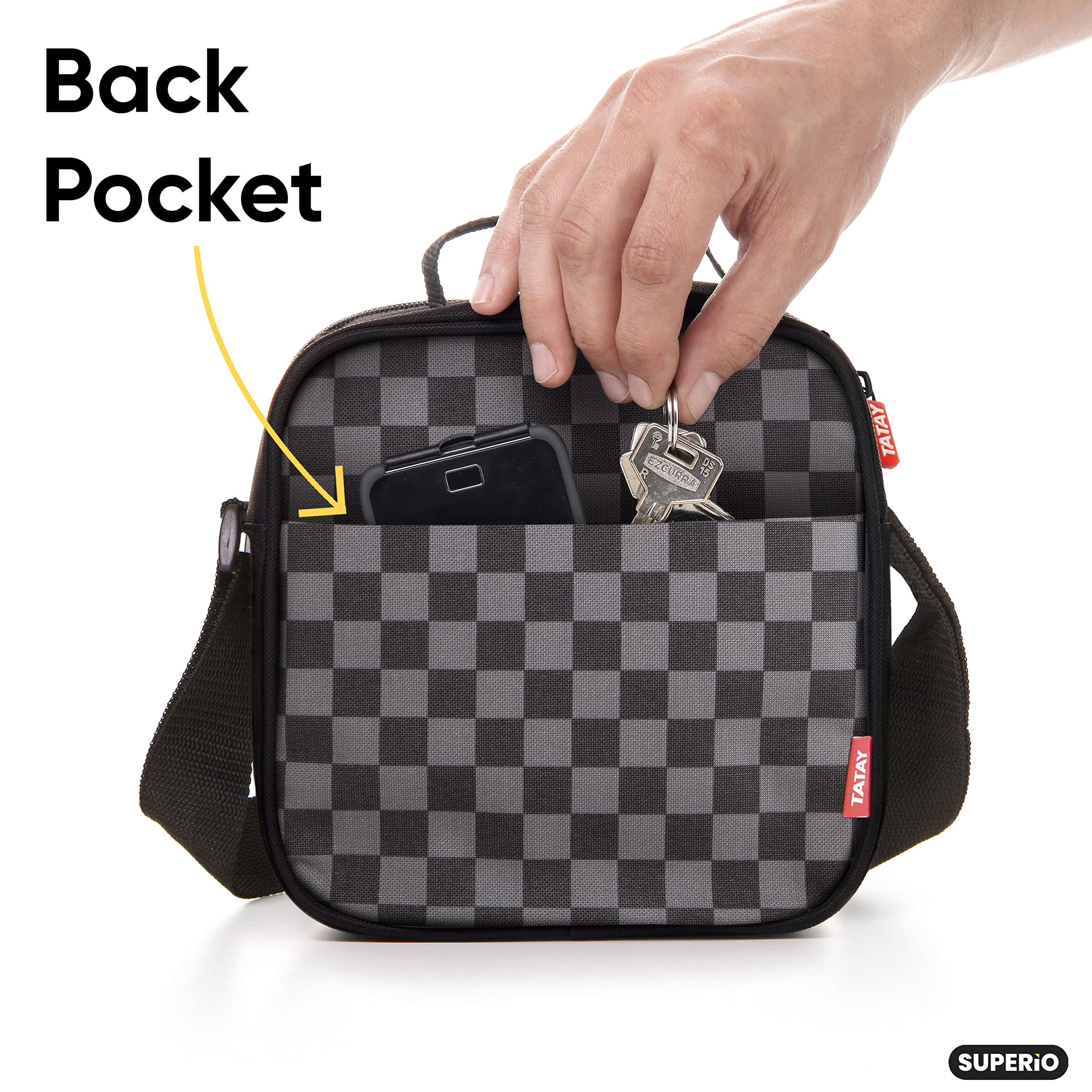 Insulated Lunch Bag with Containers, Thermal Lined Lunch Box, Reusable Leak Proof Containers for Work, Travel, and Beach, Grey Checked Small Lunch Bag with Adjustable Strap, Easy to Clean