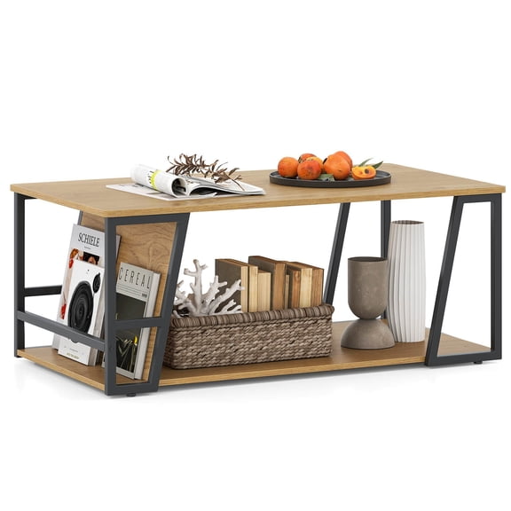 KDTHTF 40" Modern Farmhouse Coffee Table, 2-Tier Trapezoid Center Table with Storage Shelf & Side Compartment, Natural Wood & Black Metal Living Room Table