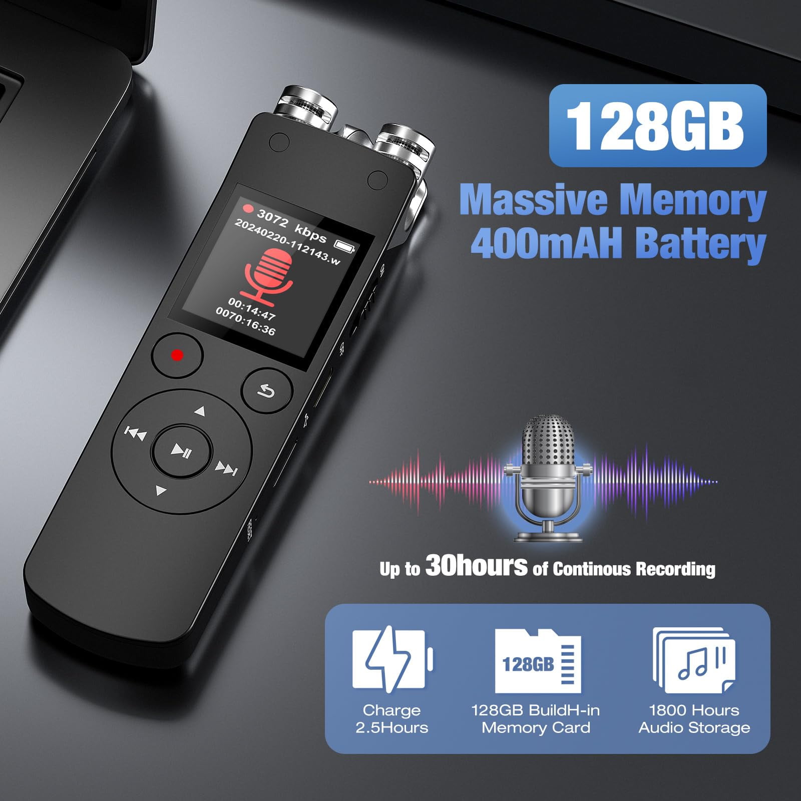 LC-dolida 32GB Digital Voice Recorder, Voice Activated Recorder with Playback, 3072kbps Audio Recorder Dictaphone for Meetings Interviews, HD Recording, Variable Speed, A-B Repeat, Large Screen