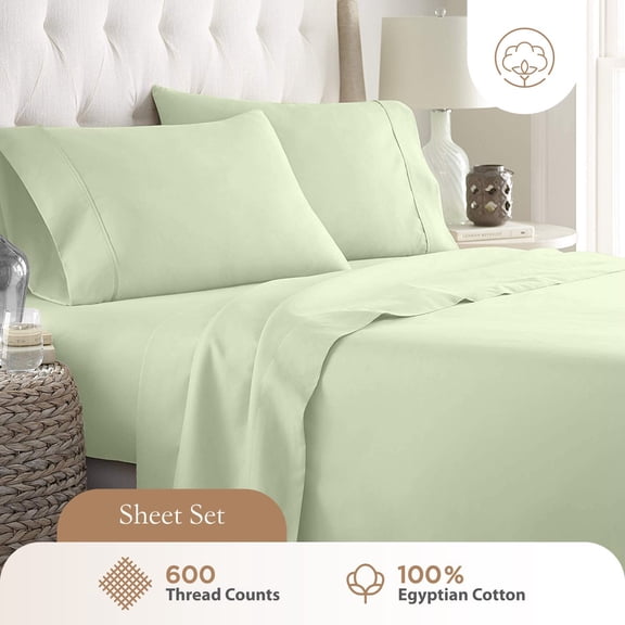 Olympic Queen Sheets Set, Egyptian Cotton, Luxury 600 Thread Count, 4 Pc Super Queen Sheets Sets, Soft & Breathable, Snug Fit, 16" Deep Pocket Fitted Sheet, 2 Pillowcases & 1 Flat Sheet, Sage