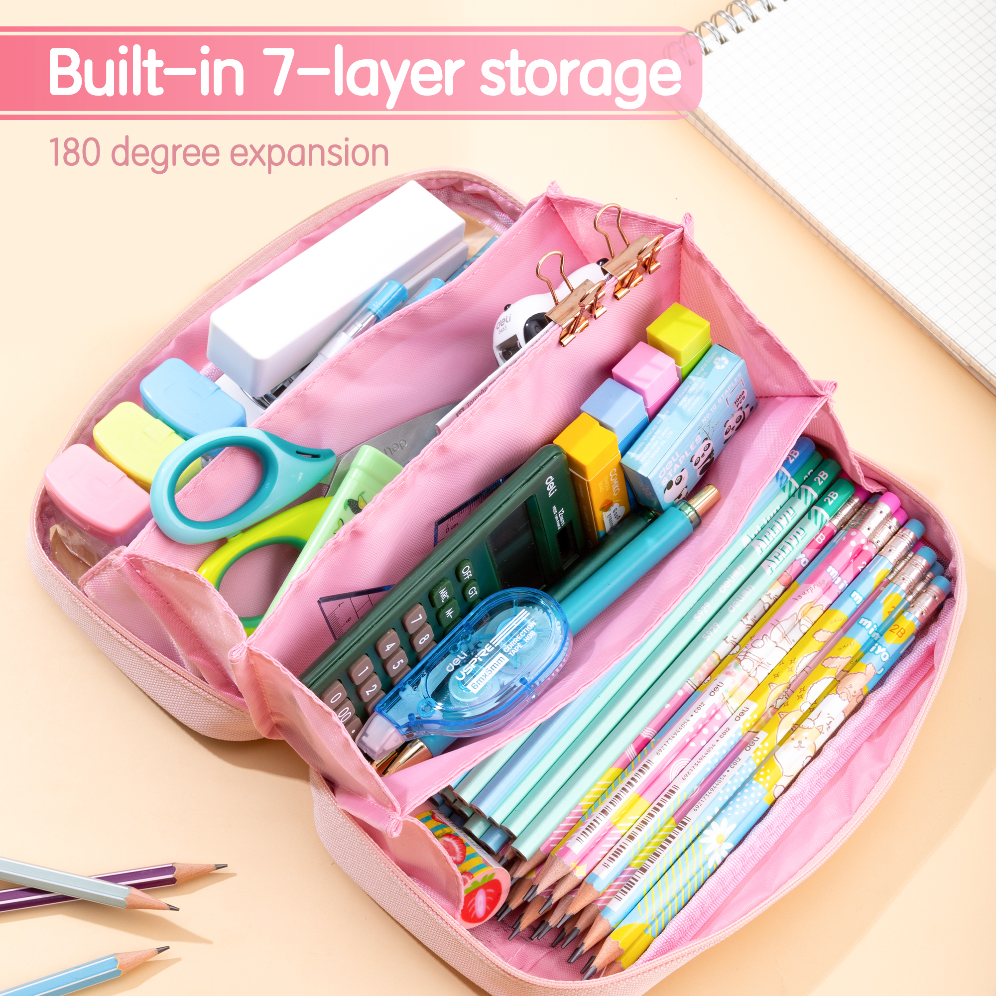 Deli Estuche para lápices para niños, gran capacidad, plegable, con 4 compartimentos, organizador de útiles escolares para estudiantes, adolescentes y oficina, rosa 7