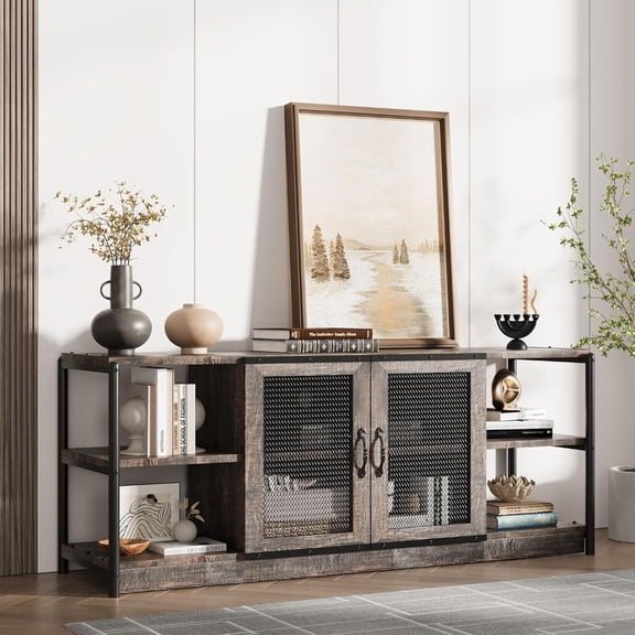 Farmhouse TV Stand for 65/75 In TVs Industrial Entertainment Center with Double Mesh Doors and Storage Cabinet Rustic Oak TV Console for Living Room
