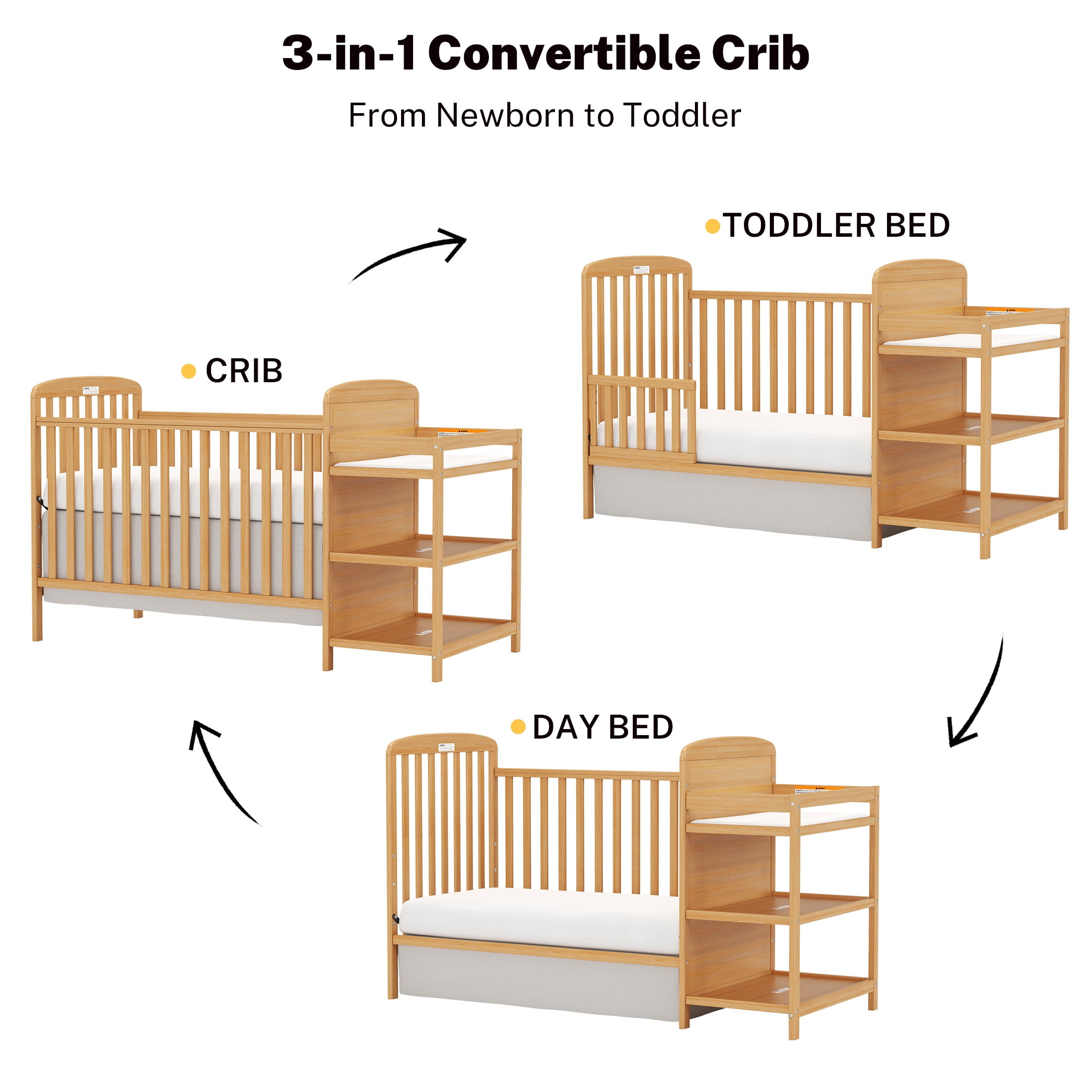 Conchico 3-In-1 Convertible Crib and Detachable Changer, New Zealand Pinewood Baby Crib, Toddler Daybed Bed with 3 Heights, Non-Toxic Finish, Easy to Assemble, Natural