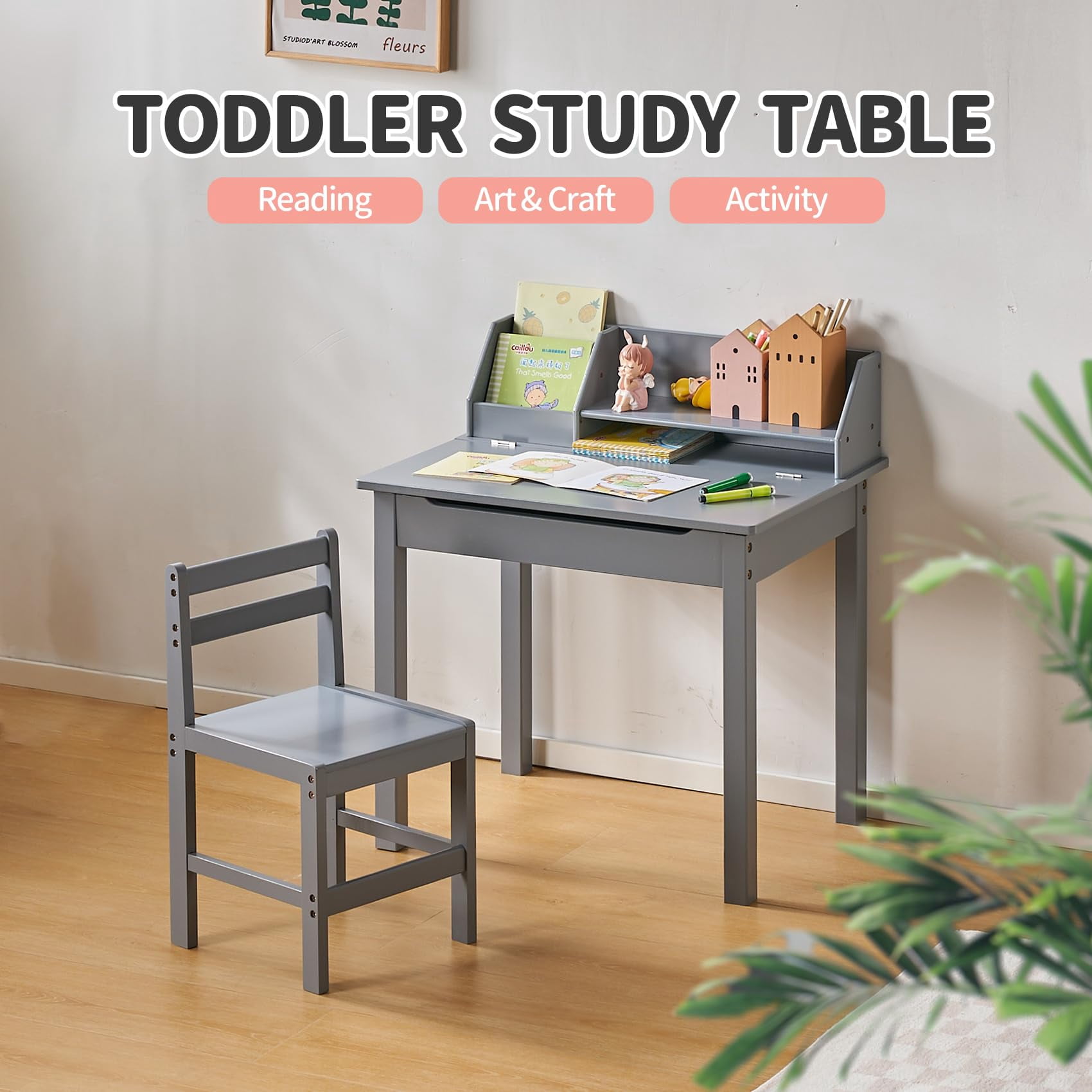 UNICOO® Bamboo Toddler Desk and Chair Set, Lift-Top Desk & Chair Set for 3-8 Years Old Toddlers, Children Writing Desk with Storage and Hutch for Home School Use (C007 - Grey)