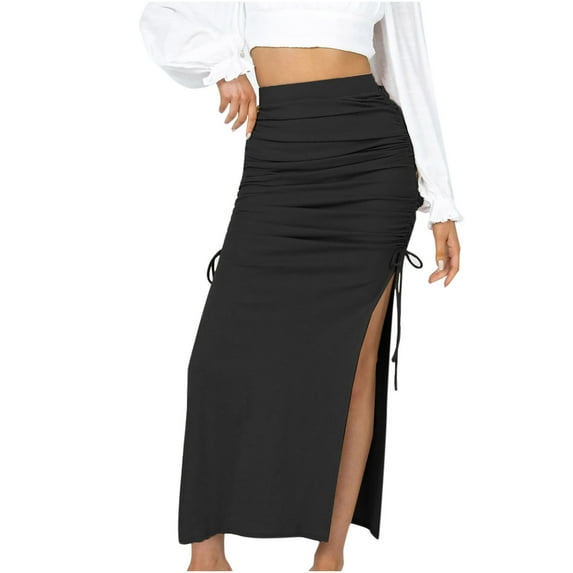 IROINNID Women's Split Knitted Slim Fashion Pleated Lace Up Sexy Hip Ankle Empire Waist Long Solid Color Skirt