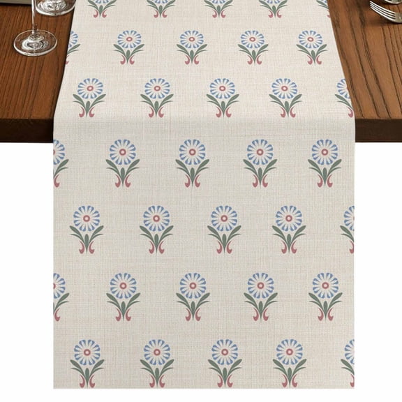 Bohemia Burlap Cotton Table Runner 18x72 Inches Long, Modern Abstarct Floral Flowers Boho Beige Farmhouse Table Runners, Outdoor Dining Tablecloths Decor for Baby Shower/Party/Wedding