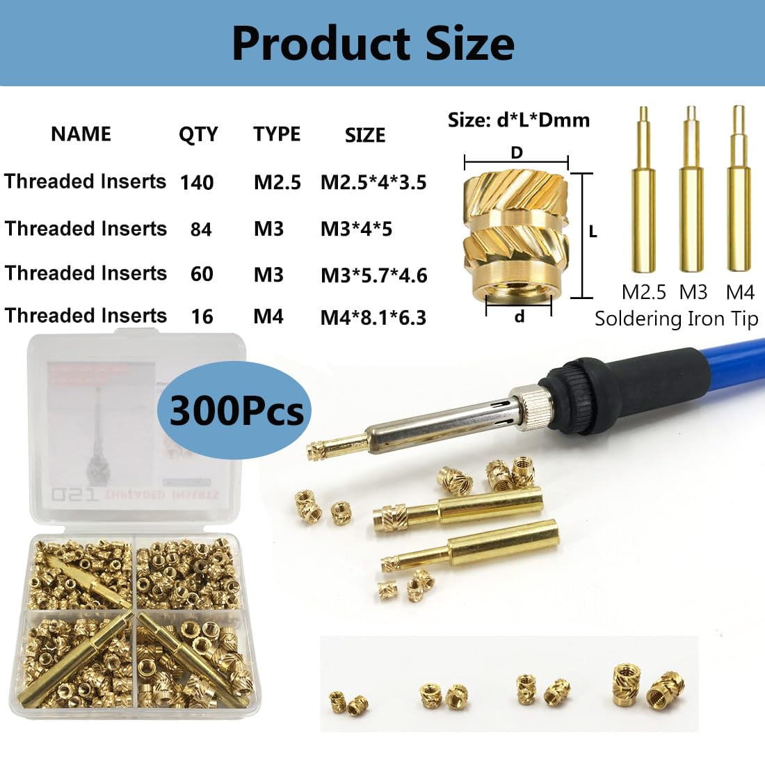 300Pcs Threaded Inserts Set with Soldering Iron Tip Brass Heat Set Insert M2.5 M3 M4 Insert Nut for 3D Printed Plastic Materials