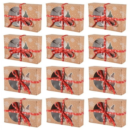 12Pcs Christmas Cookie Box Food Safe Kraft Paper Baking Box for Packaging Cakes Pastries At Christmas Parties Set