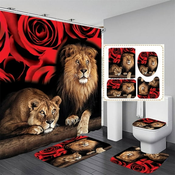 4 Pcs Bathroom Shower Curtain Set,Red Rose and Lion Shower Curtain Valentine's Day Shower Curtain Sets with Rugs(Bath Mat,U Shape and Toilet Lid Cover Mat) and 12 Hooks