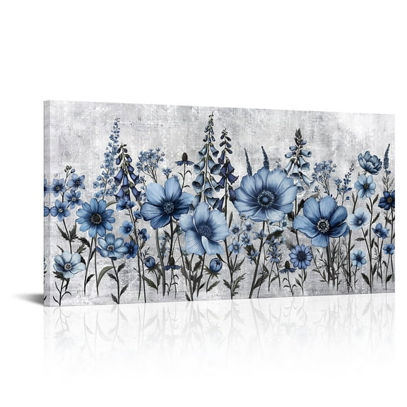 Wildflowers Canvas Wall Art Abstract Flower Painting Print on Canvas Blue and Grey Living Room Bedroom Decorations