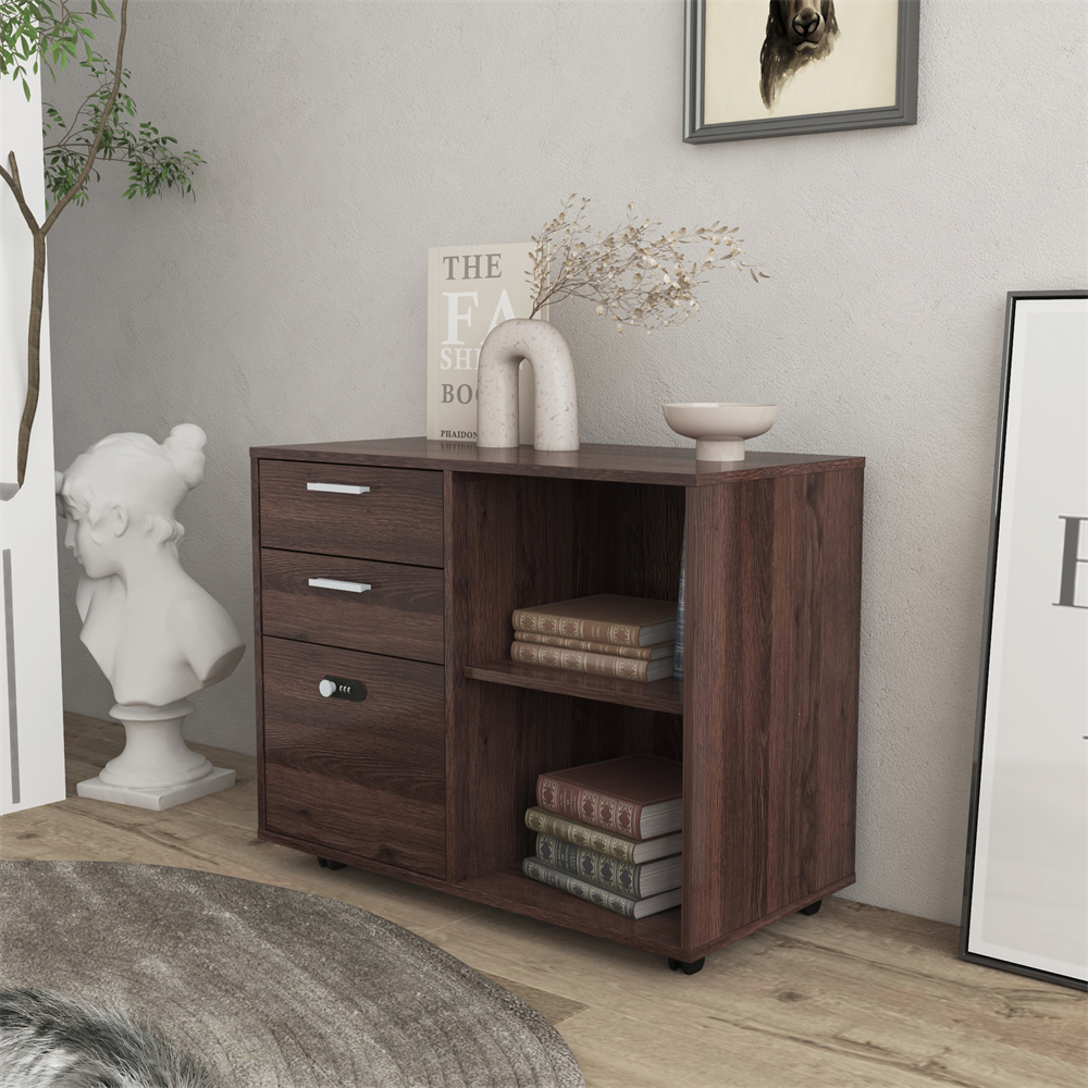 Wooden Home Office Pulley Movable File Cabinets with Password Lock, File Cabinet with Open Storage Shelves and Two Drawers, Low cabinet with 5 Universal Wheels, Easy to Assemble, Brown Oak - image 2 of 7