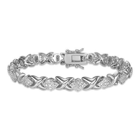 Forever Facets Fine Silver Plated Silver Tone XO Diamond Shape Diamond Accent Tennis Bracelet, 7.25"
