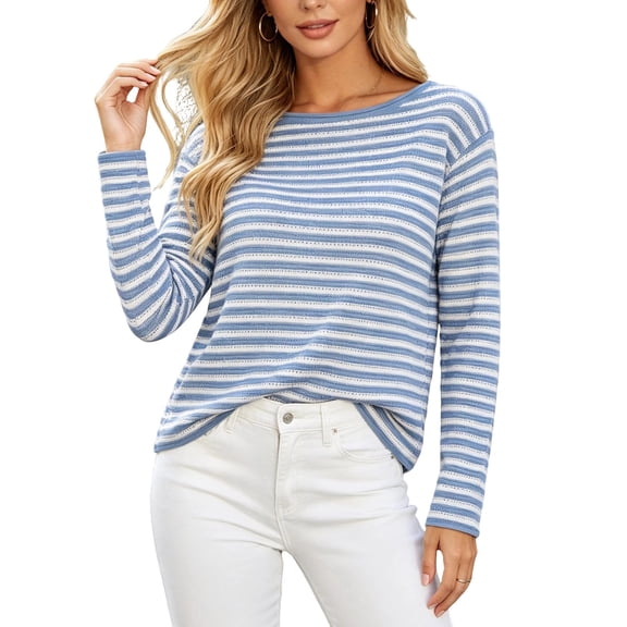 VSSSJ Women's Striped Pullover Sweater Relaxed Fit Round Neck Long Sleeve Classic Soft Casual Knit Sweater Tops Fall Winter Outfit Blue S