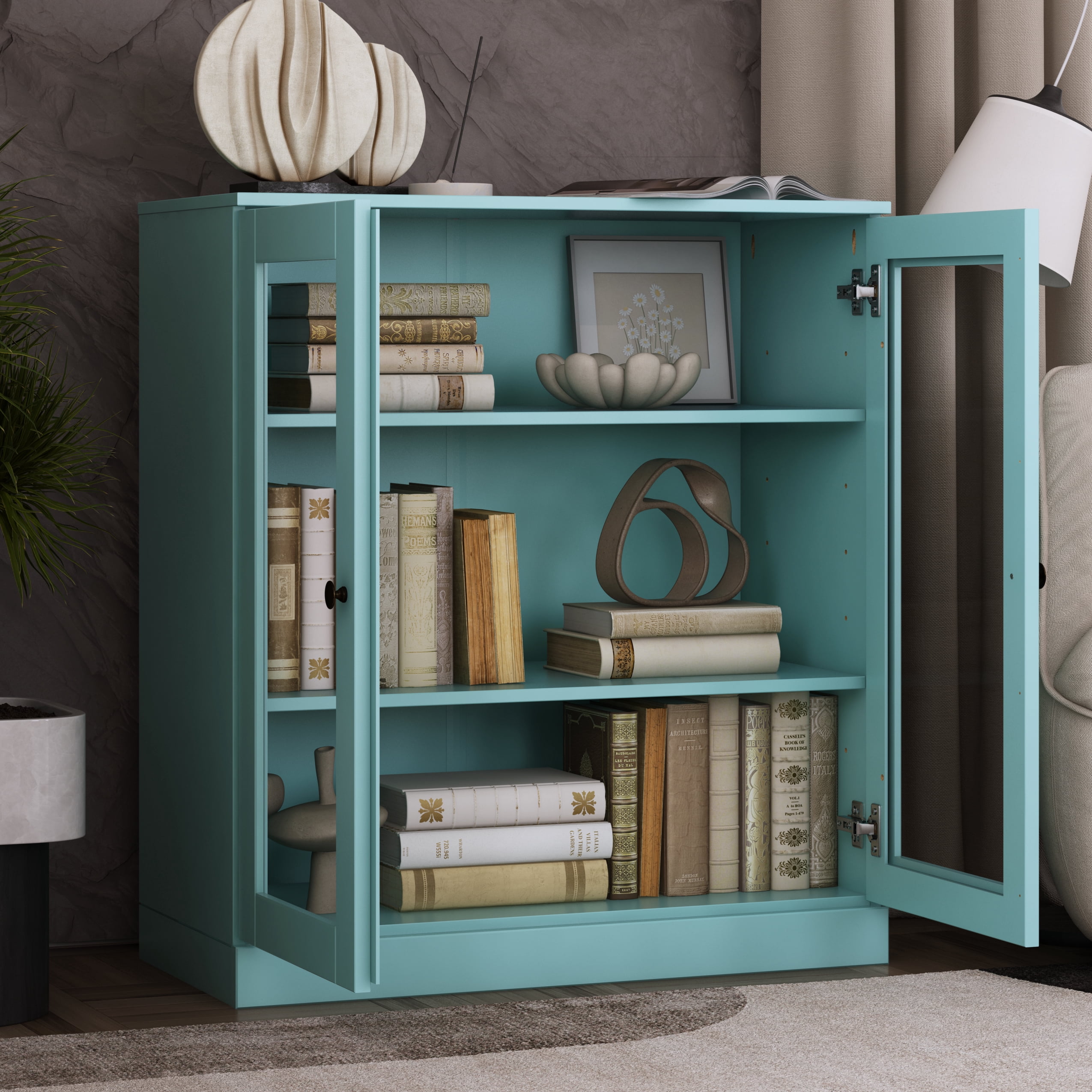 Palace Imports 100% Solid Wood 3-shelf Bookcase with Adjustable Shelves and Glass Doors, Aqua Blue