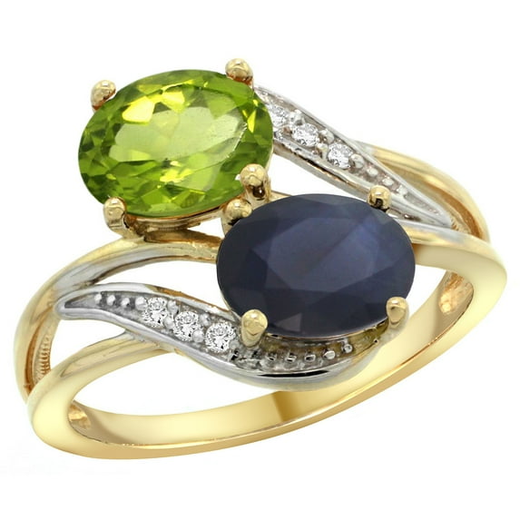 14K Yellow Gold Diamond Natural Peridot & Australian Sapphire 2-stone Ring Oval 8x6mm, size 5