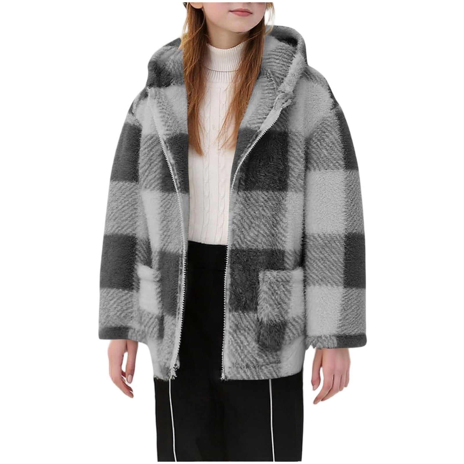 Xdegoge Girls Fleece Sherpa Jacket Plaid Fuzzy Zip Up Long Sleeve Hoodie Teen Thermal Loose Cozy Hooded Coats Tween 2025 Winter Thick Warm Outerwear With Pockets Age 8-14 Years
