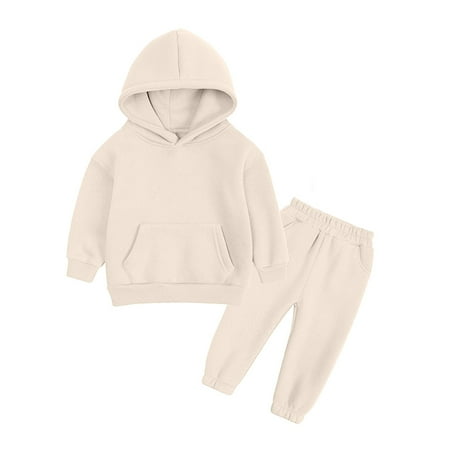 

BIZIZA Baby Outfit Winter Long Sleeve 2-Piece Solid Color Fleece Hoodie Pants for 1-13Y Kids Beige 130