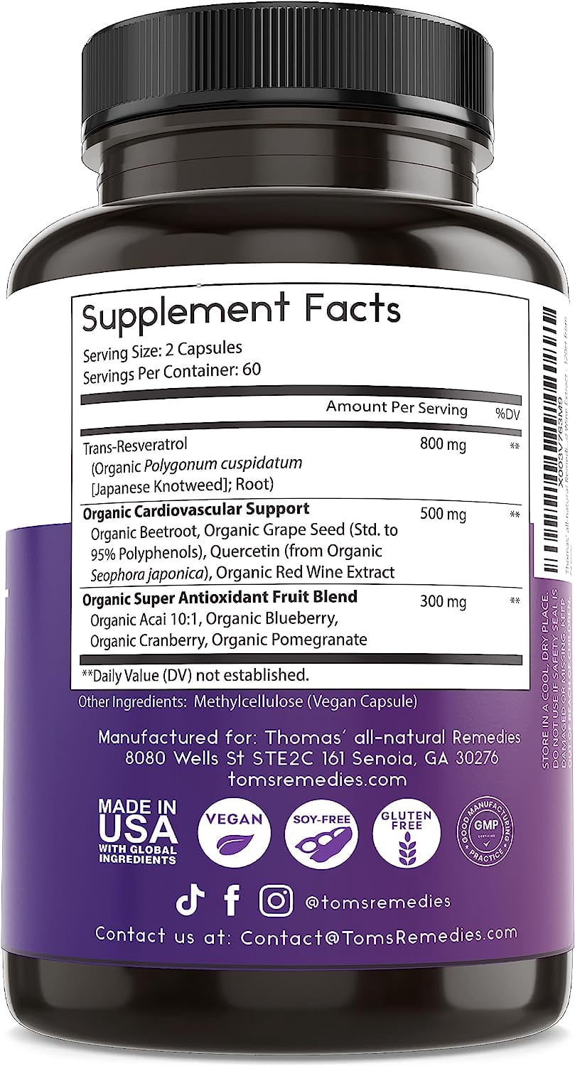 Thomas' all-natural Remedies Resveratrol 1600mg Organic Trans-Resveratrol Antioxidant Supplement ,Organic Grape Seed Extract and Quercetin- 120 Capsules