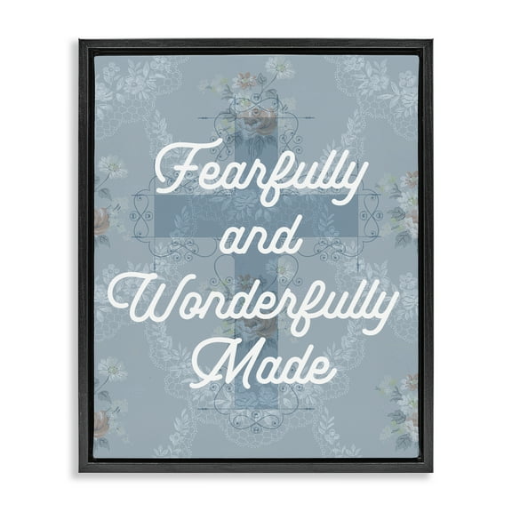 Stupell Industries Wonderfully Made Floral Cross Religious & Spiritual Painting Black Floater Framed Canvas Art Print Wall Art, 17 x 21