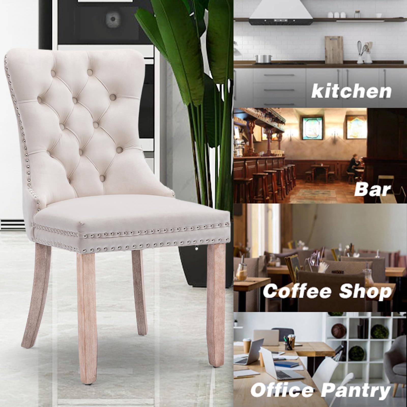 JESTOP Velvet Dining Chairs Set of 4, Tall Back Side Chair, Modern Upholstered High-end Tufted Side Chair with Button Back Ring, Solid Wood Legs (Beige)