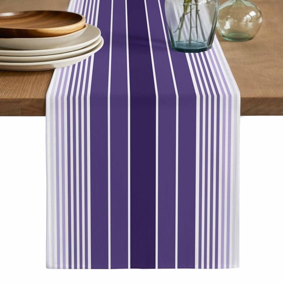 Purple Ombre Stripe Table Runner, Farmhouse Striped Gradient Washable Cotton Linen Table Runners 120 Inches Long, Dresser Scarf Runner for Dining/Living Room/Kitchen/Square Tables 13''x120''
