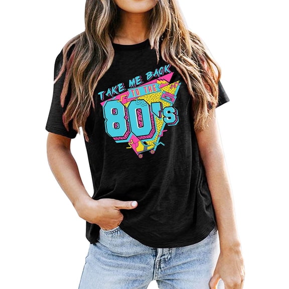 CONZONE Women's Retro 80S T-Shirts Short Sleeve T Shirts for Women Casual Crew Neck Letter Graphic Lightweight Tees Soft Cozy Athletic Tops