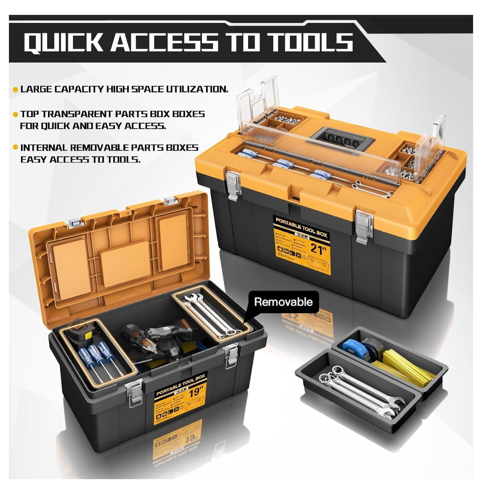 Tool Box | 4 In 1 Toolbox Set | 8 Removable Tool Box Organizers | 15”+17”+19”+21” | Lockable Portable Tool Boxes | Mini/Small/Large Toolboxes | Garage Storage Tools | Home/Professional | Hand/Power