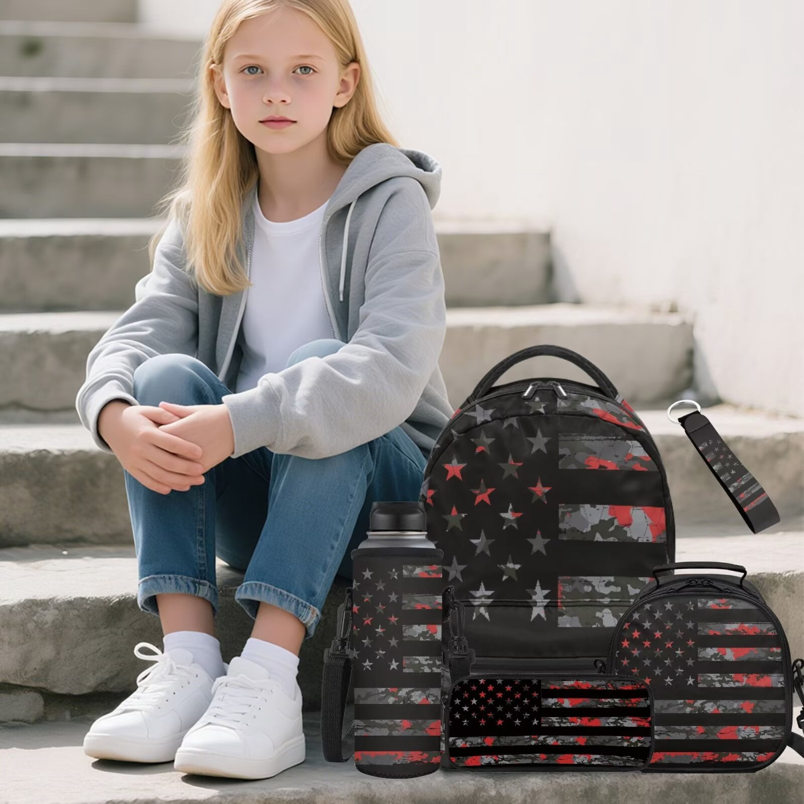 Pzuqiu Camo US Flag Kids School Bags Set of 5 Backpack for Boys Travel Bag with Adjustable Shoulder Strap Bookbag with Lunchbox Pencil Case Water Bottle Bag