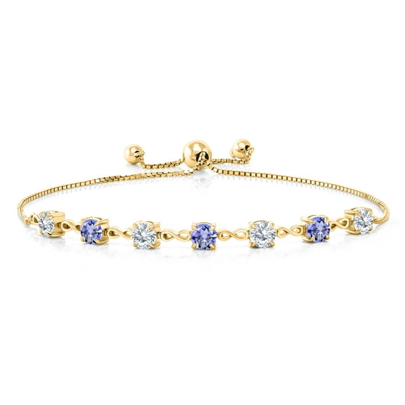 Gem Stone King 18K Yellow Gold Plated Silver White Moissanite and Blue Tanzanite Infinity Links Bracelet for Women (2.46 Cttw, Round 4.5MM, Fully Adjustable up to 9 inch)