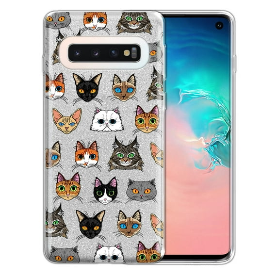 FINCIBO Silver Glitter Case, Sparkle Bling TPU Cover for Samsung Galaxy S10 G973 6.1" (NOT FIT Samsung Galaxy S10+ / S10 Plus 6.4 inch or S10E 5.8 inch), Cat Faces Pattern