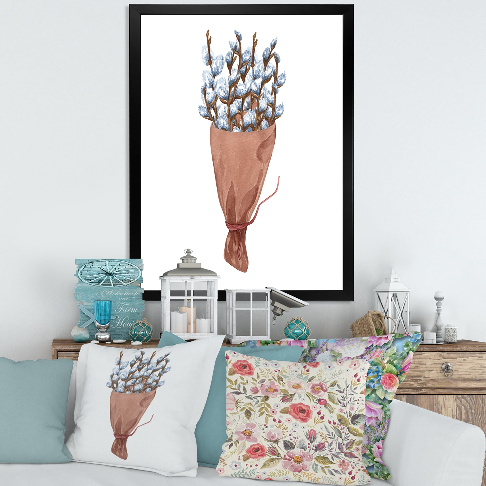 Designart 'Bunch of White Pussy Willow Twigs I' Farmhouse Framed Art Print
