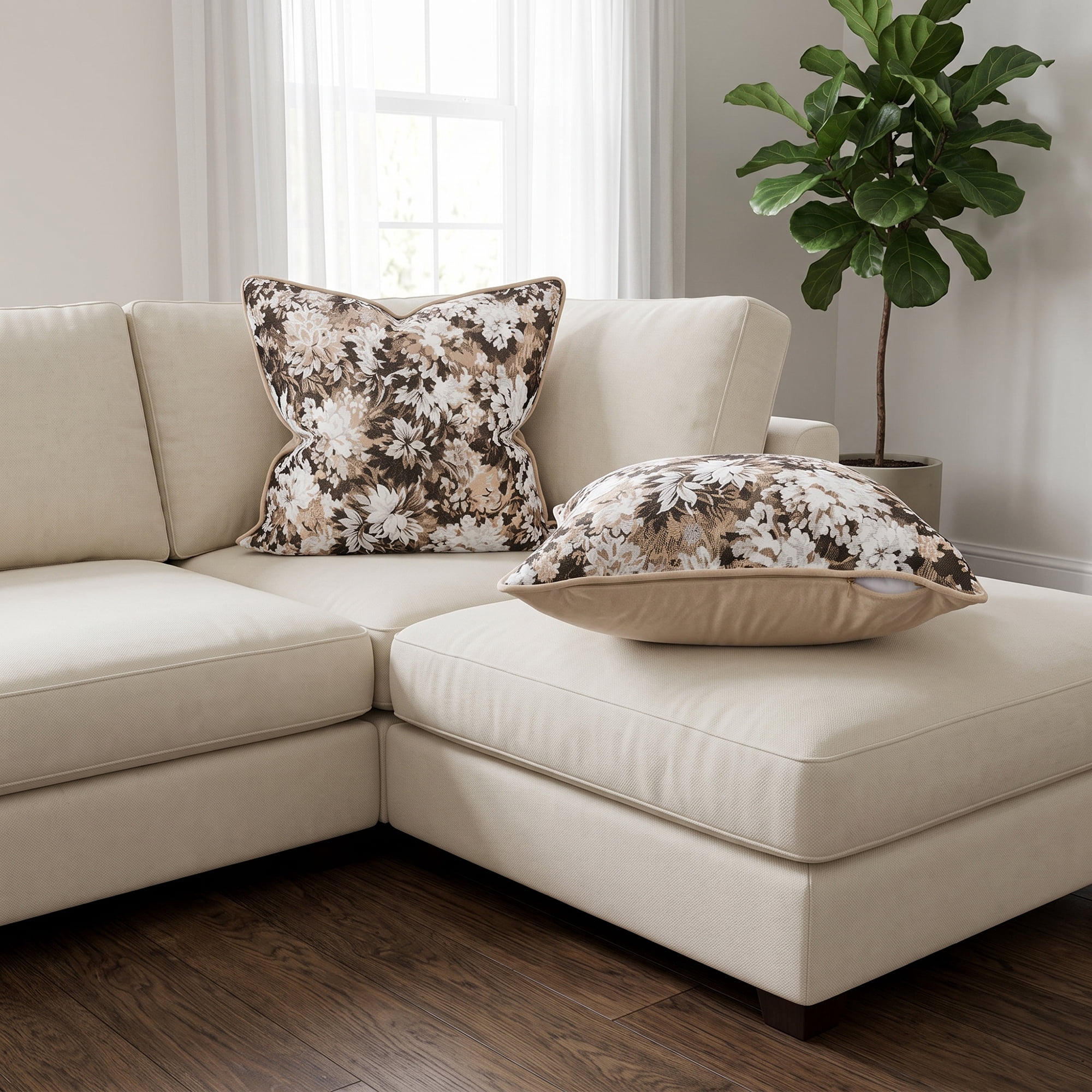 Unique Bargains Floral Throw Pillow Cover with Piped Edge Decor Cushion Case Khaki 18"x18"