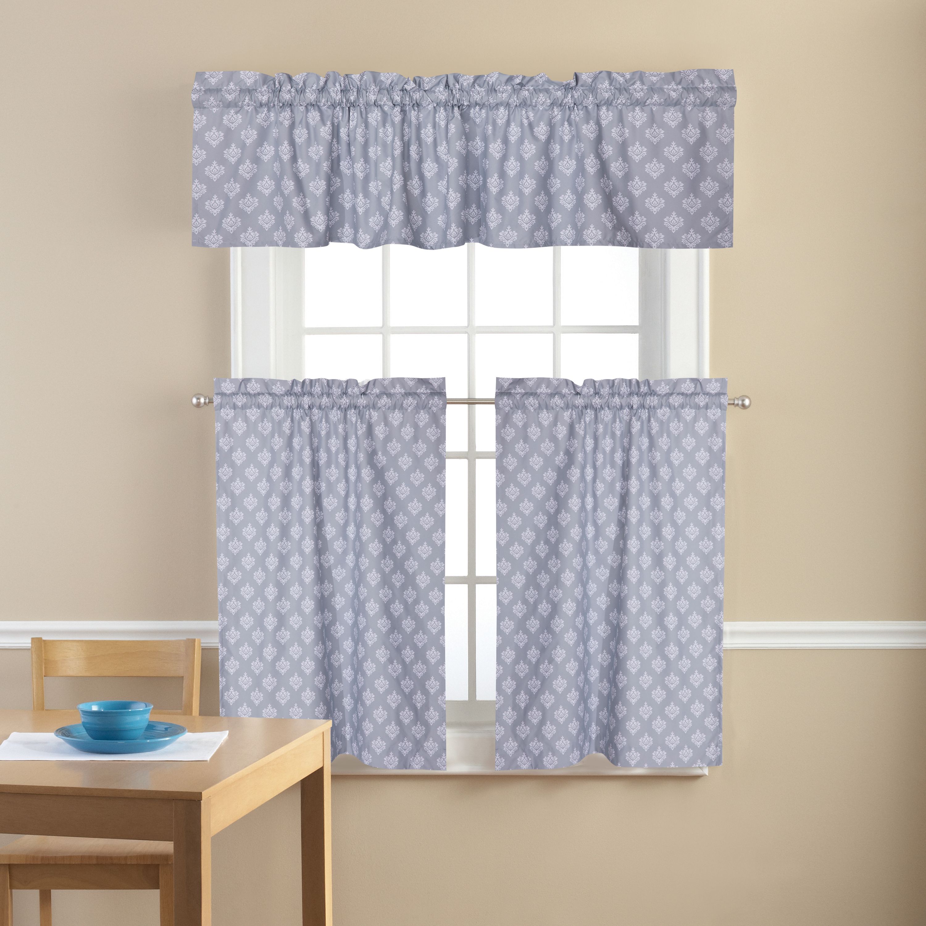 Mainstays Small Damask Classic Noir 3 Piece Kitchen Curtains