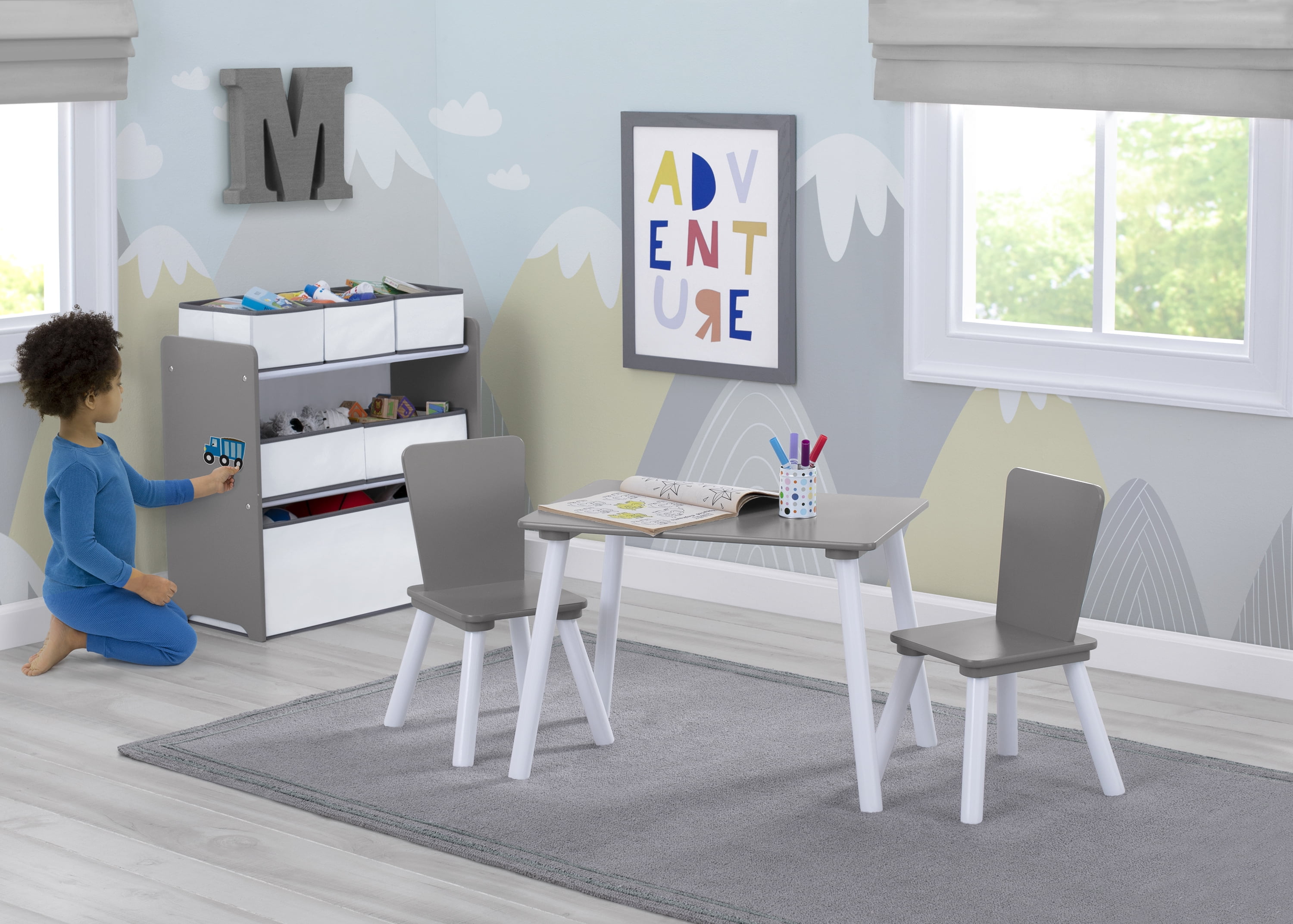 Delta Children 4-Piece Toddler Playroom Set – Includes Play Table with Dry Erase Tabletop and 6 Bin Toy Organizer with Reusable Vinyl Cling Stickers, Grey/White