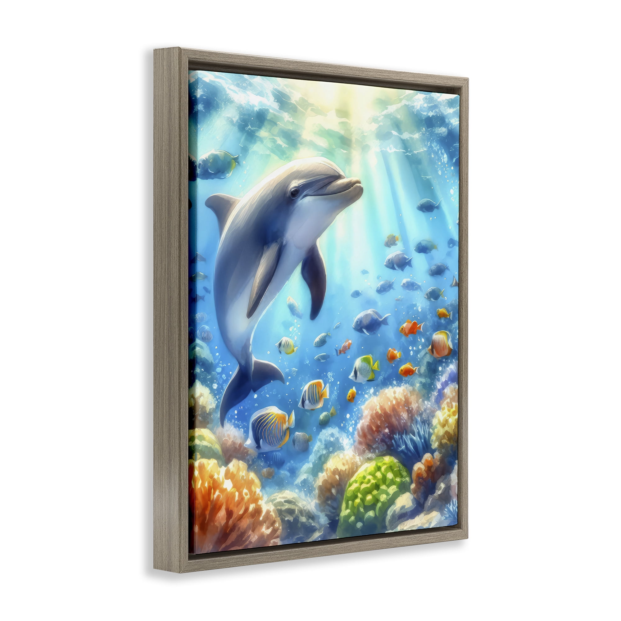Stupell Industries Smiling Dolphin Under Sea Nautical & Beach Painting Brown Floater Framed Canvas Art Print Wall Art, 17 x 21