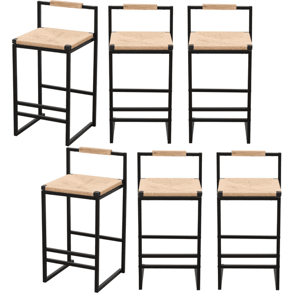 Counter Height Paper Rope Woven Dining Chairs, Bar Stools with Back, Metal Legs, Dining Chairs, Kitchen Breakfast Bar Stools with Footrest for Kitchen Dining room Bistro(Natural,Set of 6)