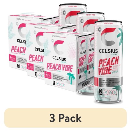 (3 pack) CELSIUS Sparkling Peach Vibe, Functional Energy Drink 12 fl oz (Pack of 4)