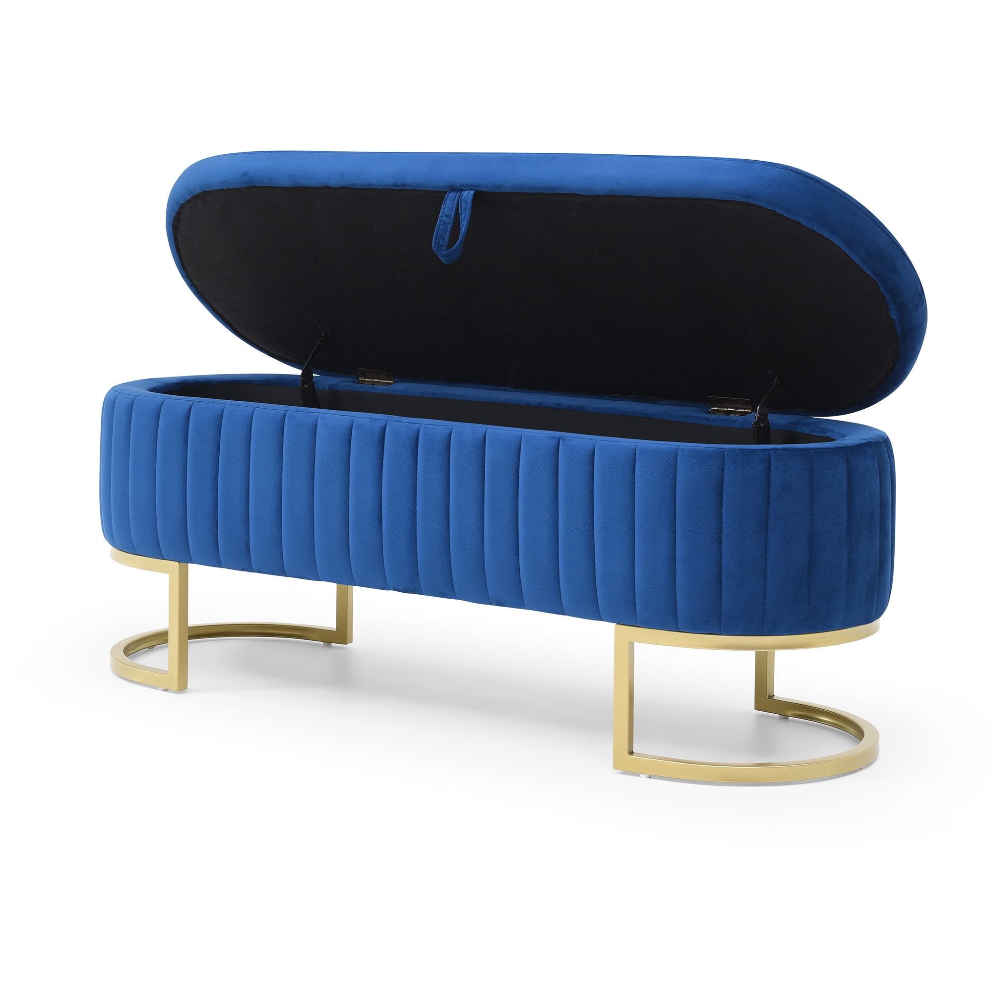 Miniyam Storage Bench Bedroom Bench, Velvet Oval Upholstered End of Bed Bench with Golden Metal Legs,Modern Storage Ottoman Bench,Blue
