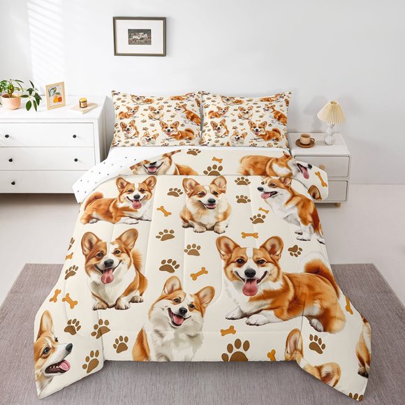 Erosebridal Cute Corgi Dog Comforter Sets Queen Size,Kawaii Animal Bedding Queen Comforter Set,Kids Room Decorative,Reversible,Ultra Soft,3 Pieces