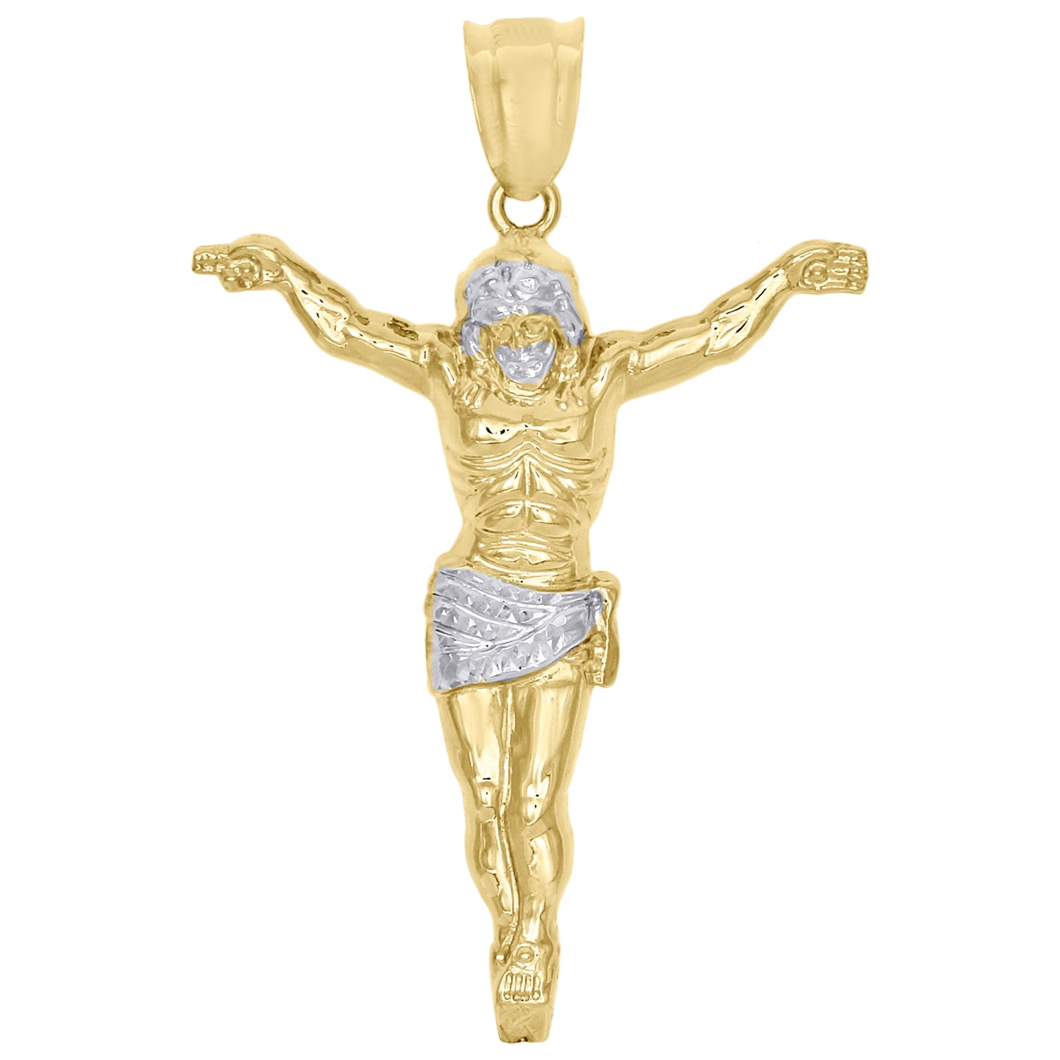 14k 2 Tone Real Gold Religious Diamond Cut Crucifix Cross Jesus Charm Pendant 