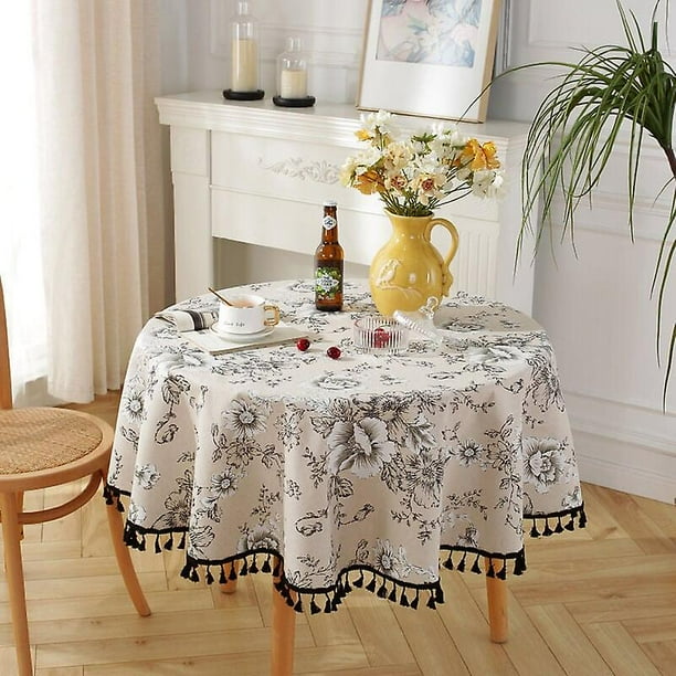 Mantel redondo de lino y algodón con estampado floral, mantel redondo con flecos lavable, mantel redondo pequeño a prueba de manchas, decoración utilizada para mesa de comedor, L