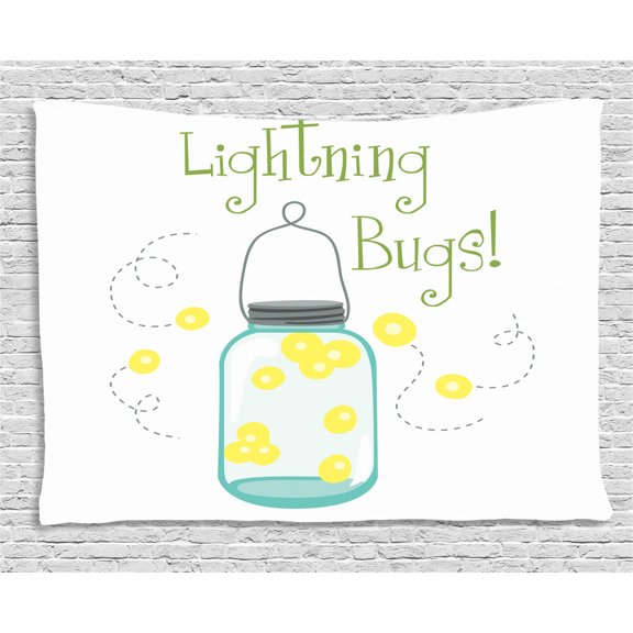 Firefly Tapestry, Hand Calligraphy Style with Doodle Jar of Flying Bugs Magical Summer Beetles Print, Wall Hanging for Bedroom Living Room Dorm Decor, 60W X 40L Inches, Multicolor, by Ambesonne