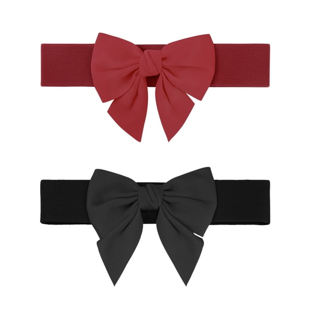Cinturón elástico ancho de 2 piezas para mujer Elerevyo con decoración de lazo, cinturones versátiles de moda 27.6x2.3" Negro+Rojo Vino