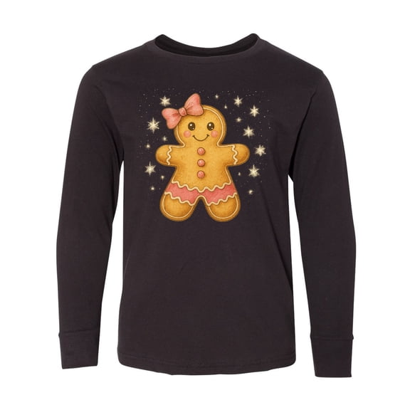 Inktastic Cute Gingerbread Girl with Pink Bow Christmas Long Sleeve Youth T-Shirt